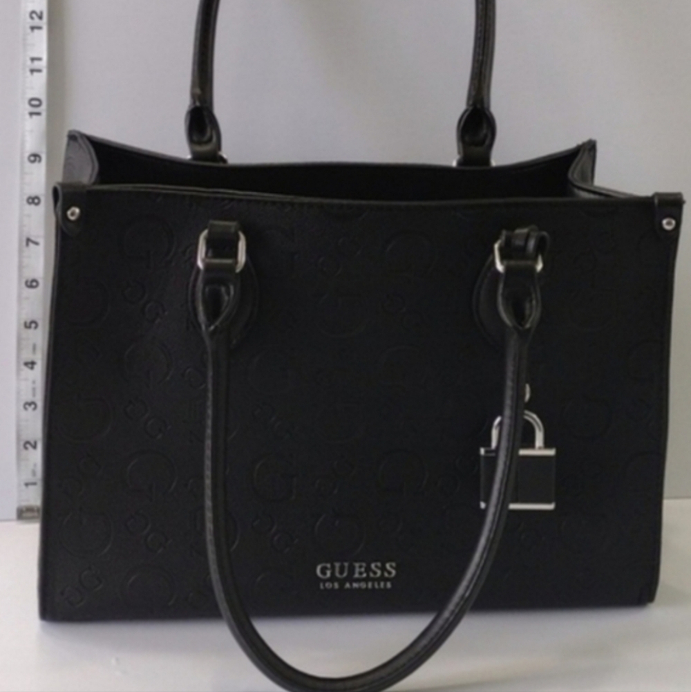 G By Guess Authentic Black Embossed Square Shape Signature Tote With Charm